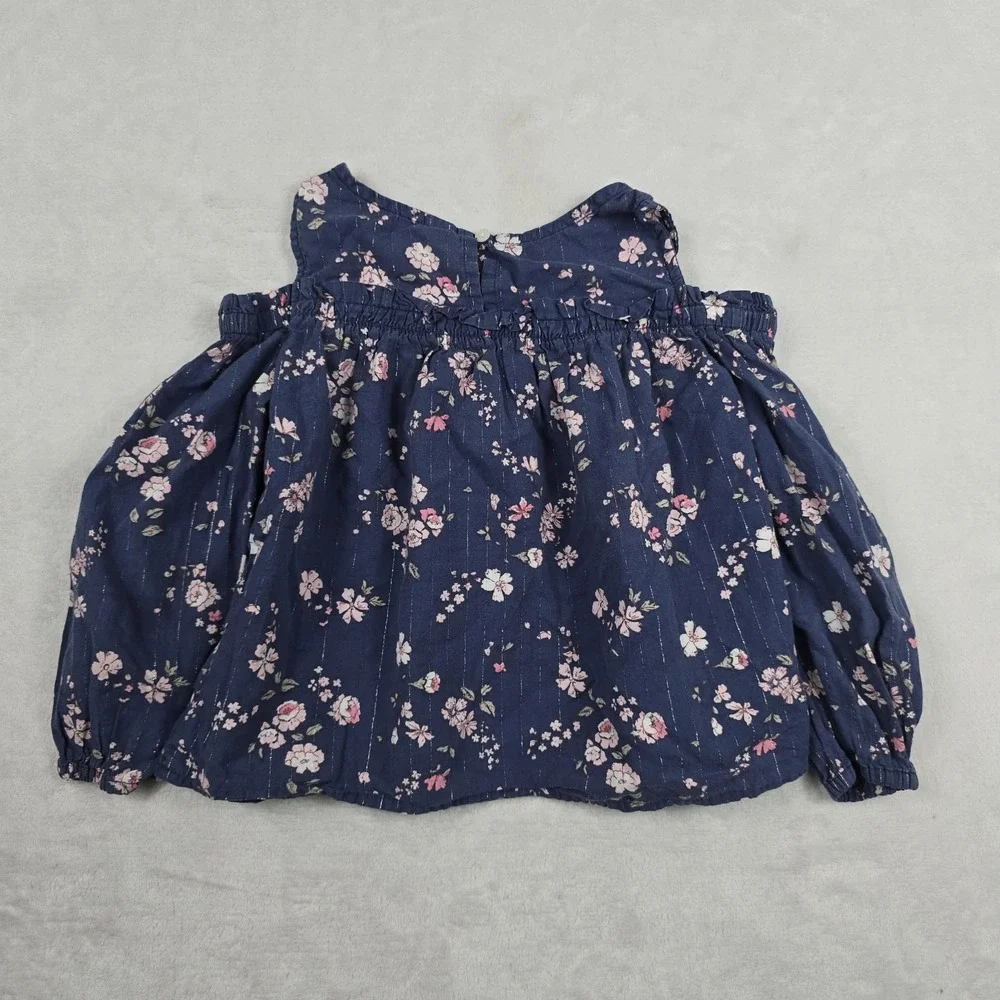 OshKosh B'gosh Girls Size 5 Navy Blue Floral Cold Shoulder Ruffle Top OSH11771